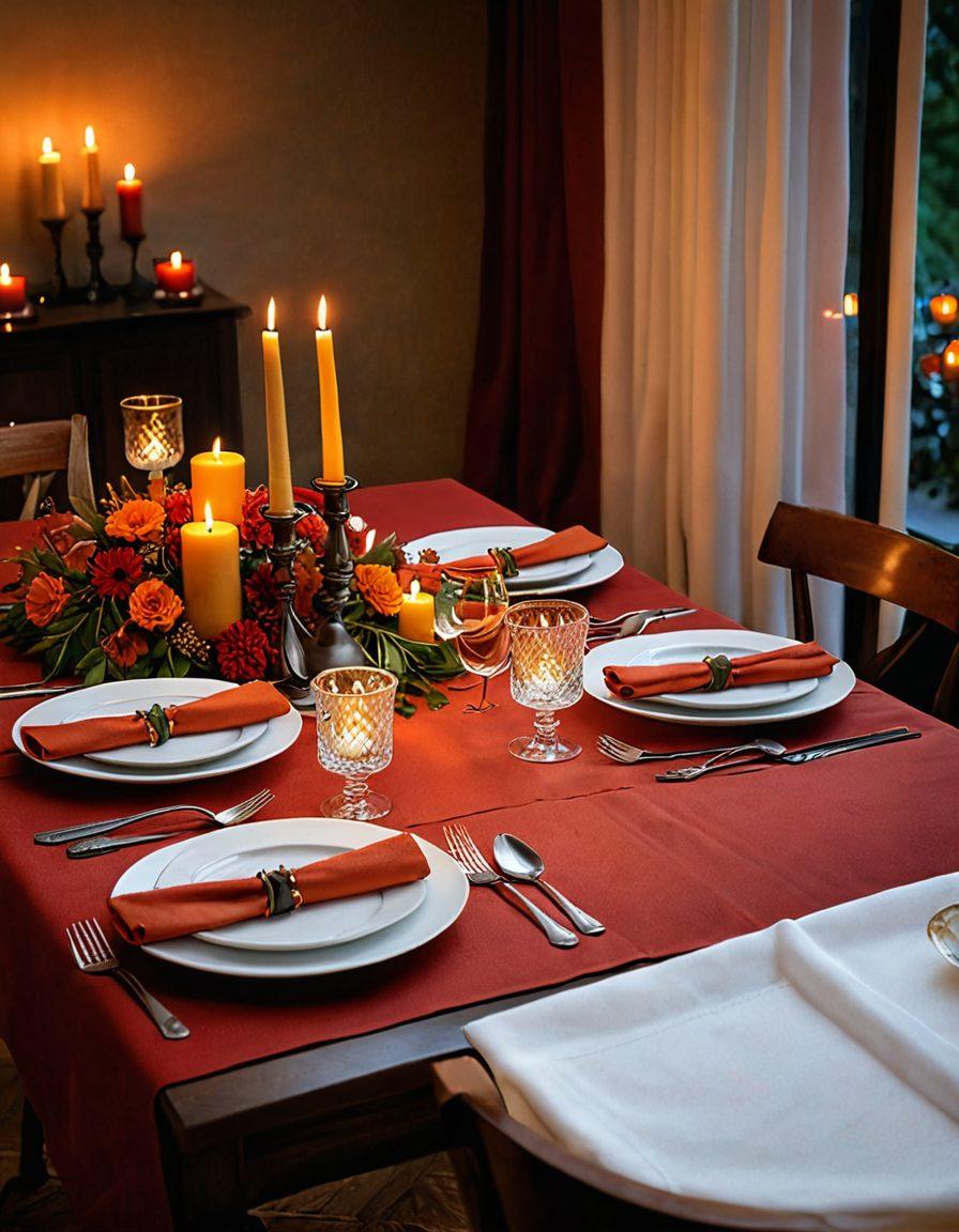 A romantic dining table set for two, adorned with vibrant red and orange spices, surrounded by candles flickering softly. Include an enticing array of spicy dishes with steam rising, framed by fresh herbs and flowers to enhance the passion theme. The backdrop features a dreamy, candle-lit atmosphere that evokes warmth and intimacy. super-realistic. vibrant colors. 3D.