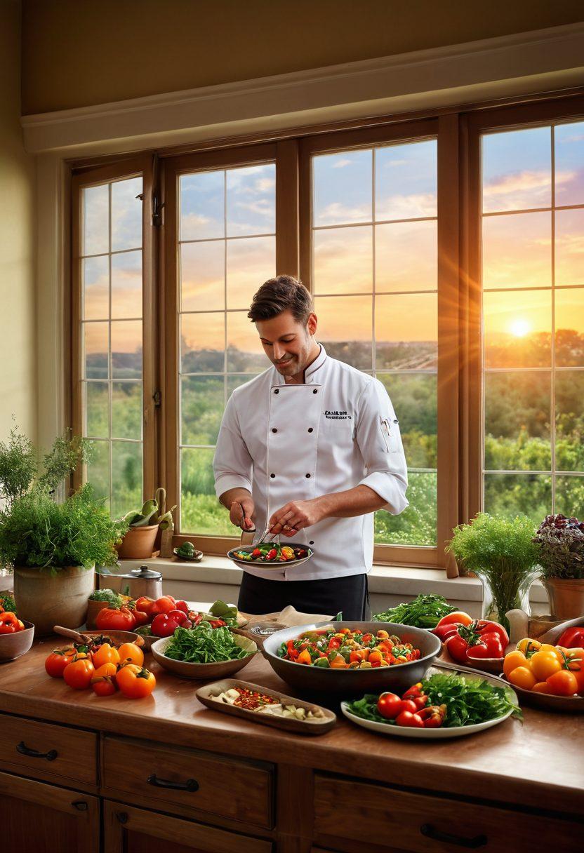A cozy kitchen scene featuring a chef passionately cooking a vibrant dish filled with colorful vegetables and spices swirling in the air, with gleaming cookware and warm lighting. A heart-shaped plate is filled with a delicious meal, symbolizing love and affection, while herbs are sprinkled around. The background shows a window revealing a sunset, creating a warm ambiance. super-realistic. warm colors. inviting atmosphere.