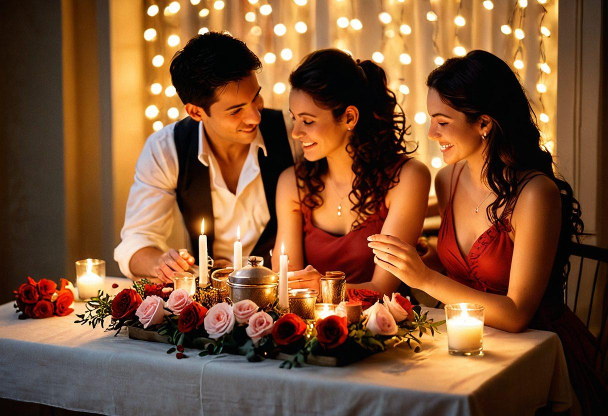 A beautifully set dining table with aromatic gourmet spices displayed in elegant containers, surrounded by flickering candlelight and soft rose petals. A couple is seen sharing a romantic moment, using a spice grinder as they enhance their meal. The background features a cozy ambiance with twinkling fairy lights and soft shadows. The overall mood should convey warmth, intimacy, and passion. super-realistic. warm tones. romantic atmosphere.